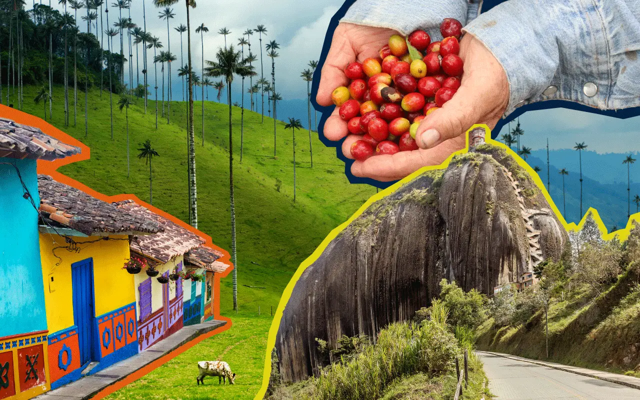 Collage representativo de los Andes Occidentales de Colombia, con palmas de cera en un paisaje montañoso, fachadas coloridas de un pueblo cafetero, una carretera rural, el peñón de Guatapé y manos campesinas sosteniendo granos de café.