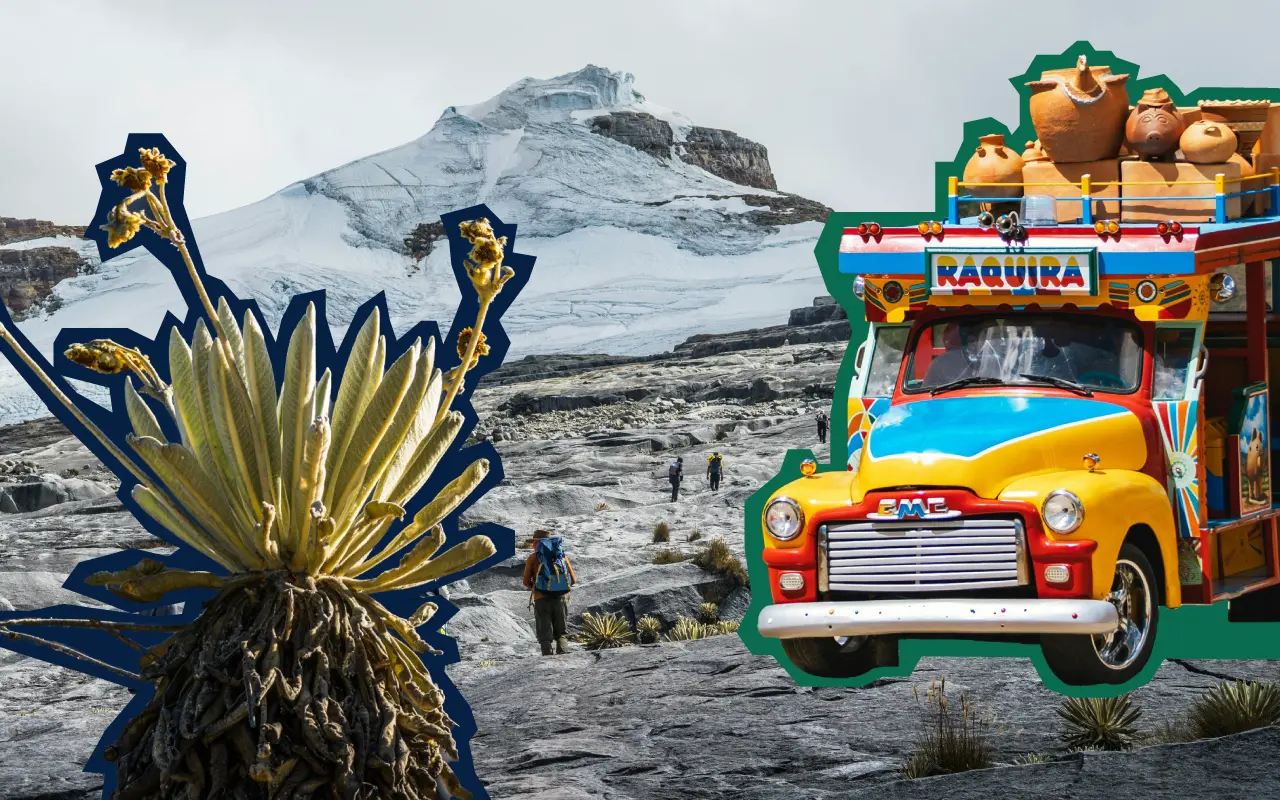 Collage de los Andes orientales con el nevado del Cocuy, una chiva con cerámicas artesanales en el techo y un frailejón en flor en páramo.