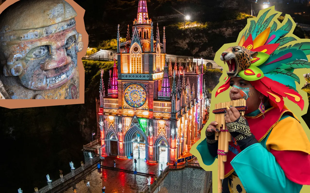 Collage del Macizo colombiano con el Santuario de Las Lajas iluminado de noche, escultura prehispánica de San Agustín y músico con traje de carnaval tocando instrumento de viento.
